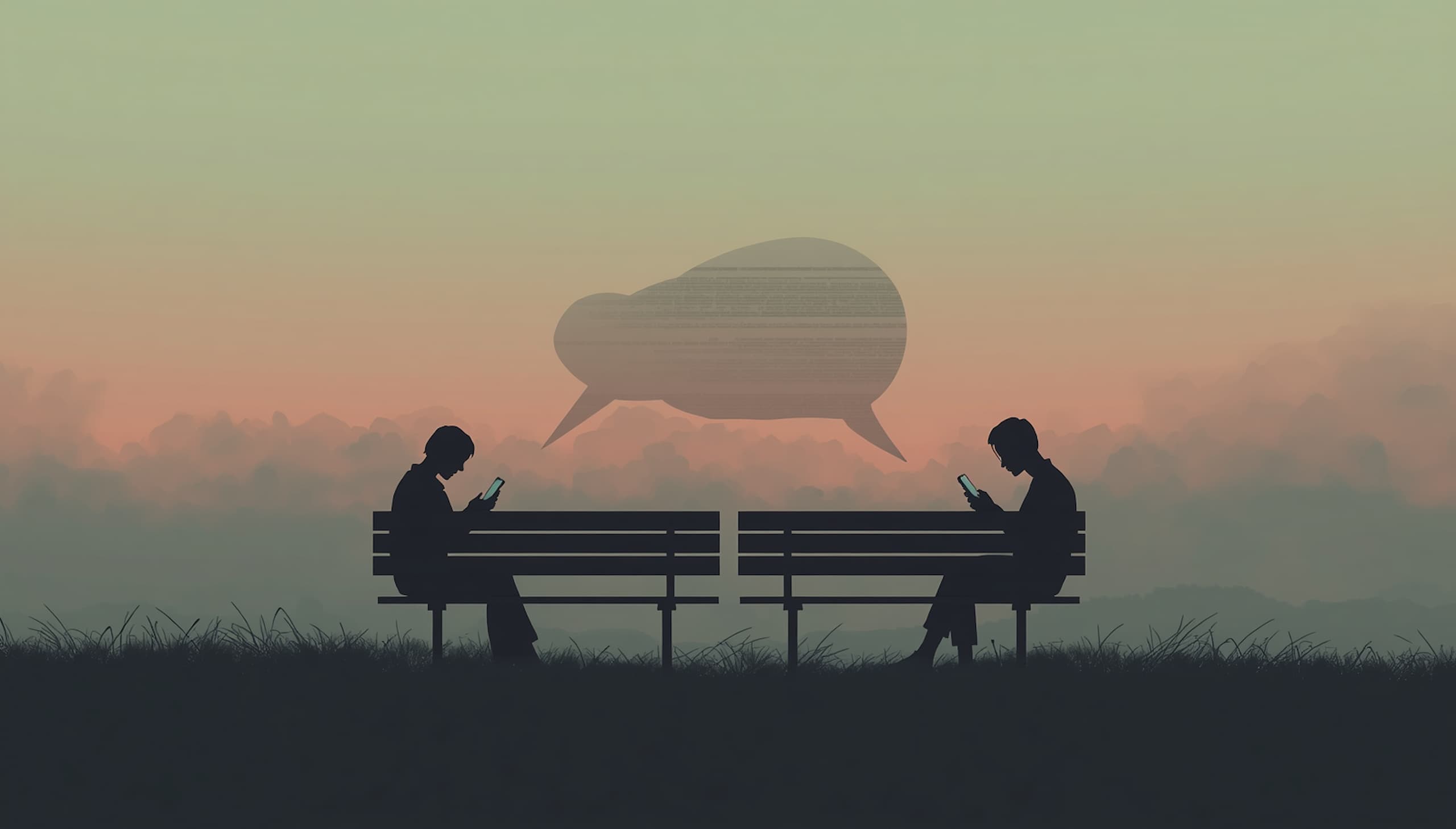 Two people sitting apart on a park bench looking at their phones — ghostlighting warning signs in modern relationships 2026