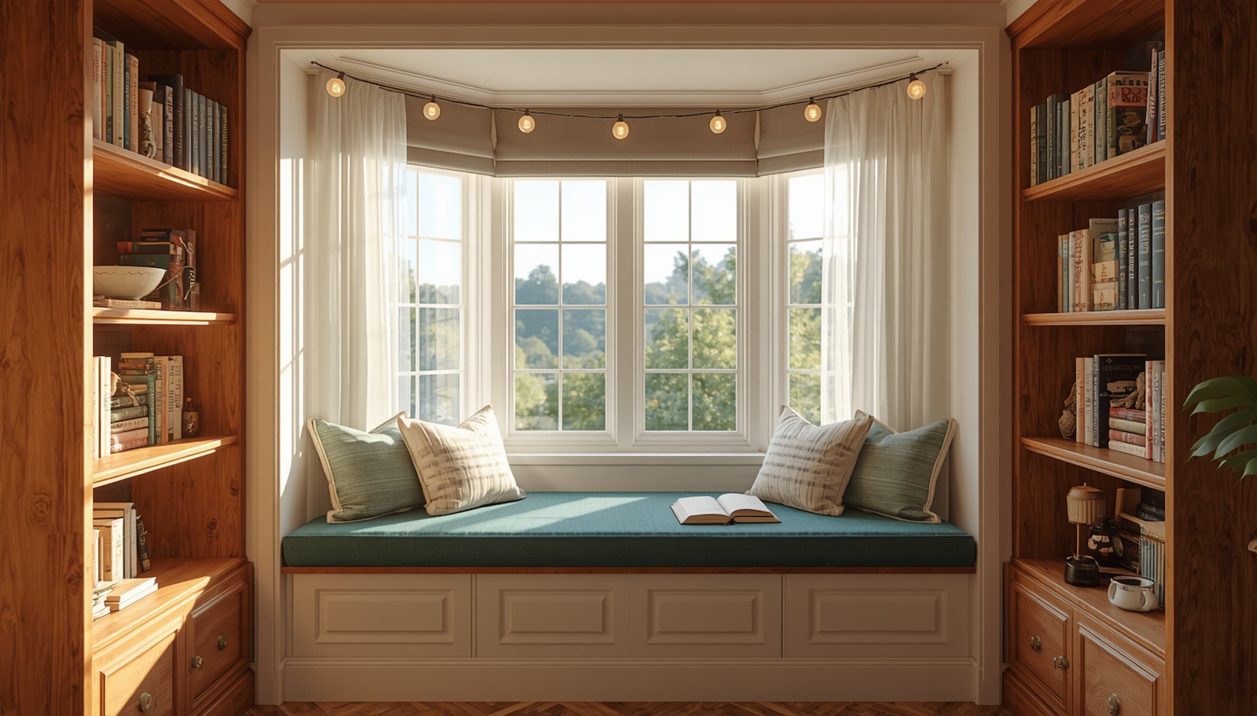 DIY reading nook with built-in window bench seat, plush cushion, and surrounding bookshelves in a bright modern living room