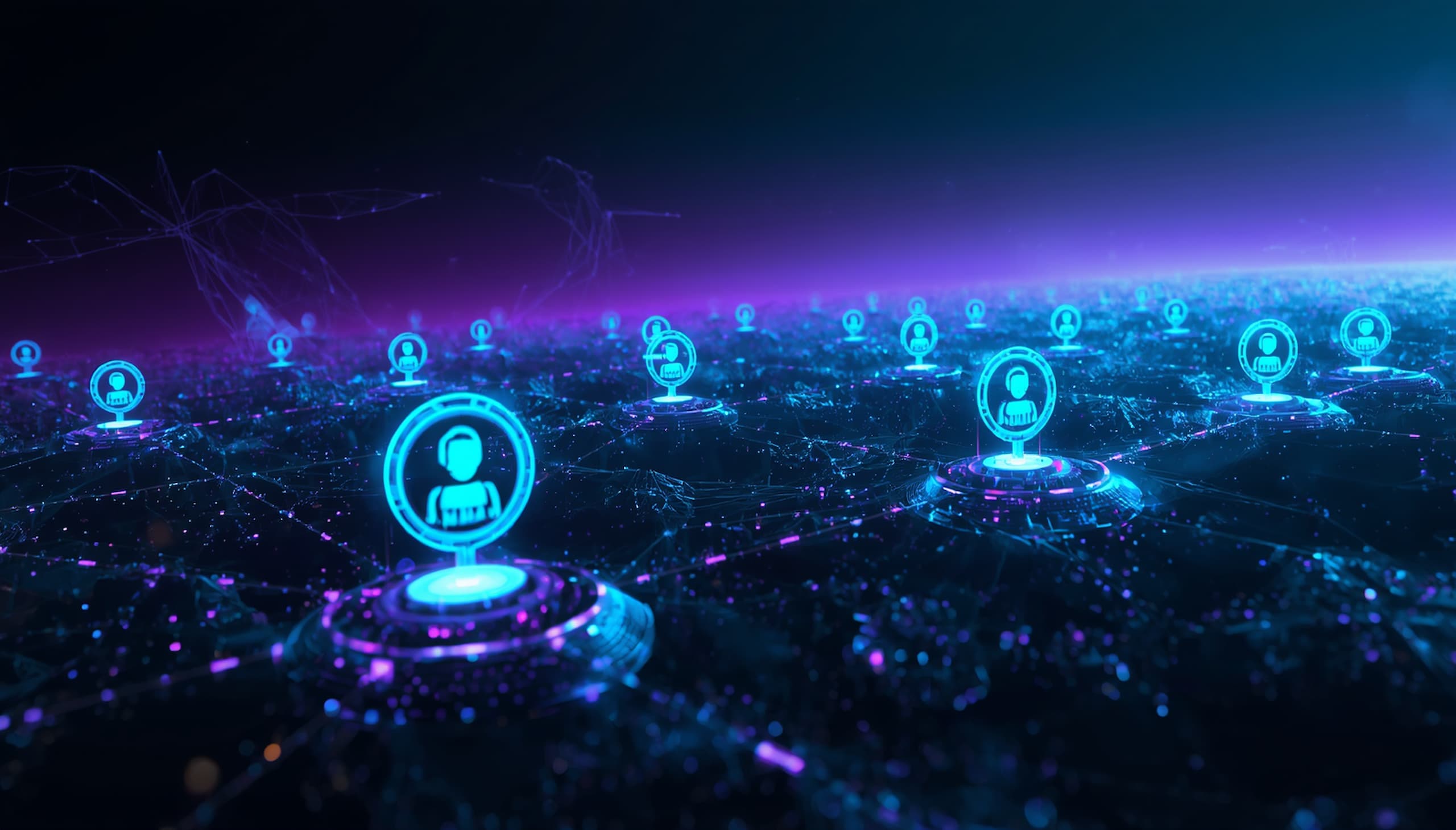 AI agents on blockchain network executing autonomous DeFi transactions in 2026, glowing digital nodes