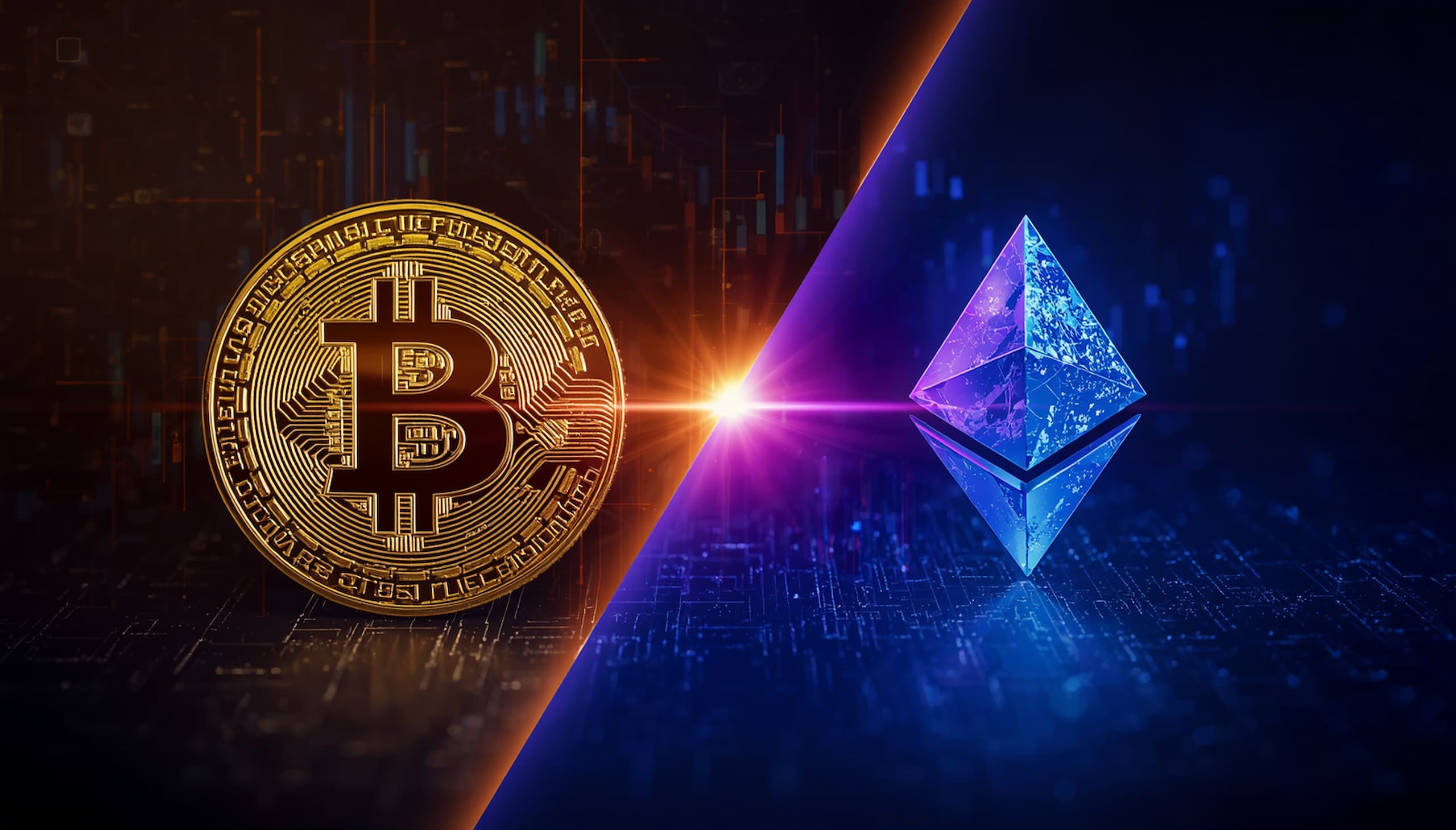 Bitcoin vs Ethereum 2026 investment comparison — BTC gold coin and ETH diamond symbol on a digital market background