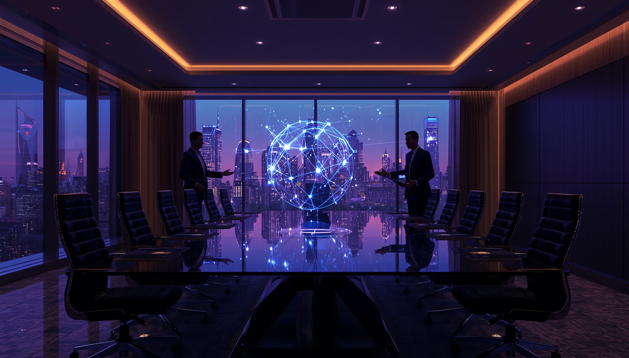 Corporate executives reviewing blockchain technology adoption dashboard with global supply chain network overlay, 2026