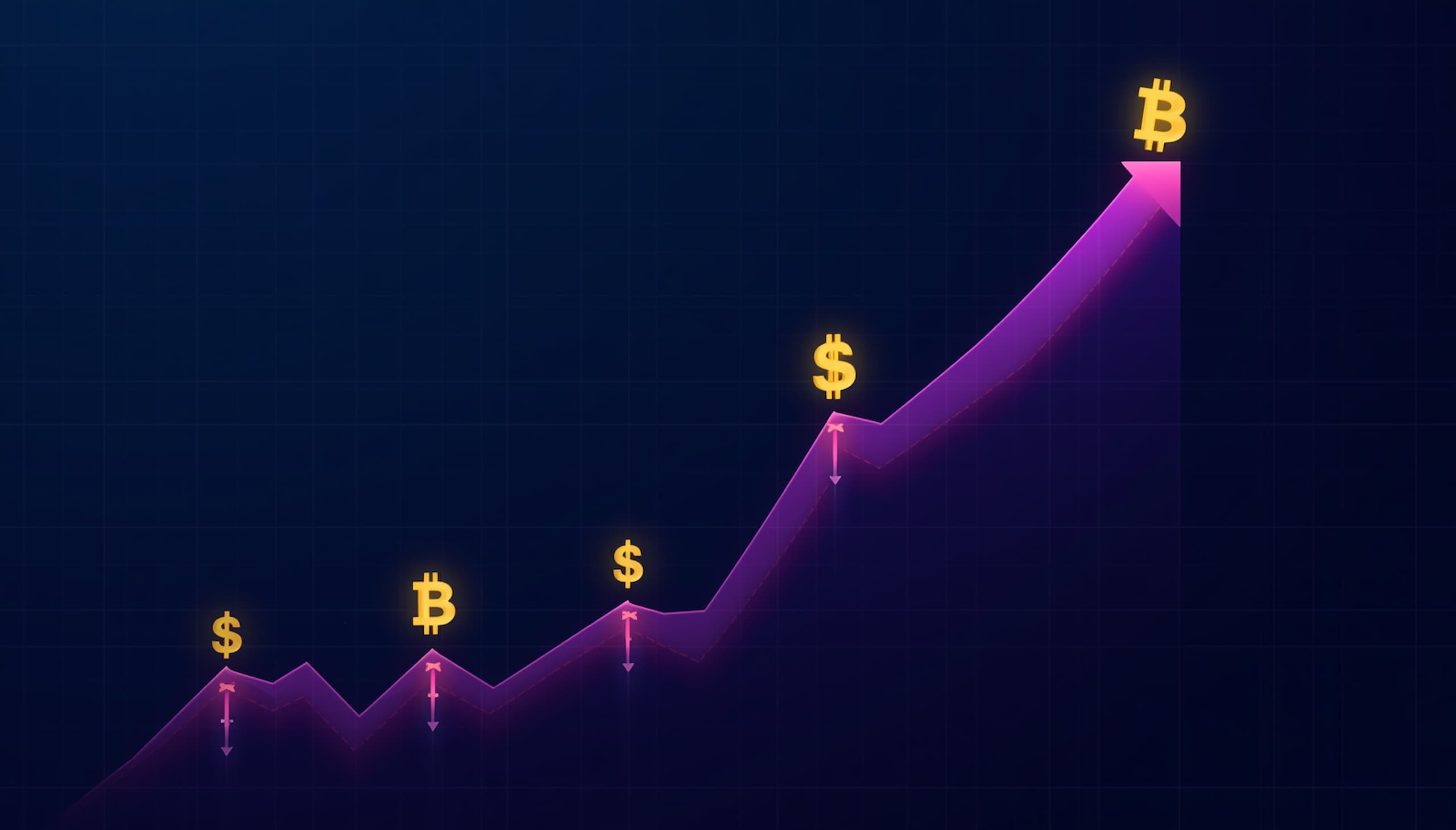 Dollar cost averaging crypto strategy chart showing consistent Bitcoin investment growth in 2026 — blue and purple gradient