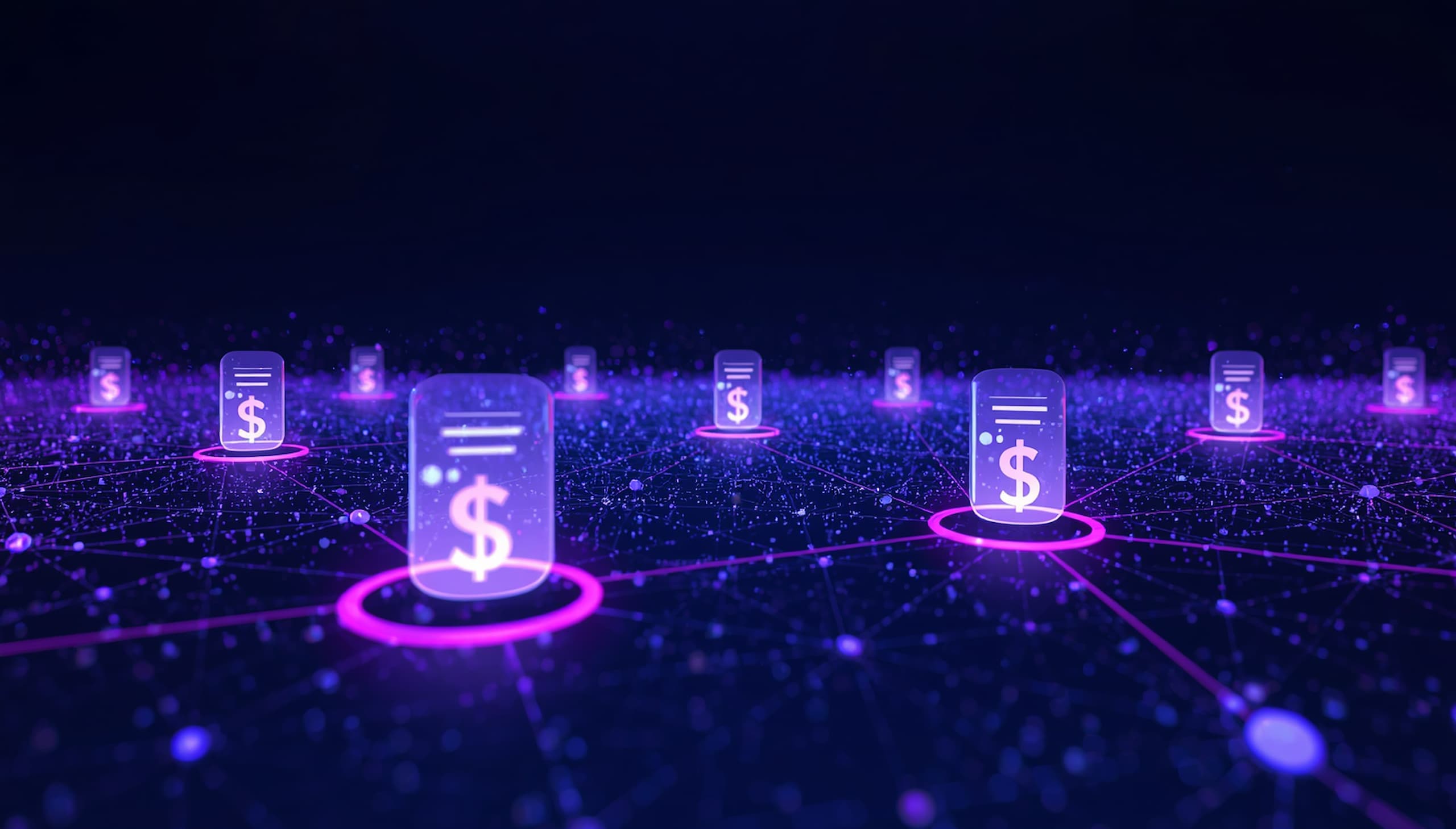 DeFi decentralized finance network visualization showing smart contracts and blockchain nodes in 2026, digital blue landscape