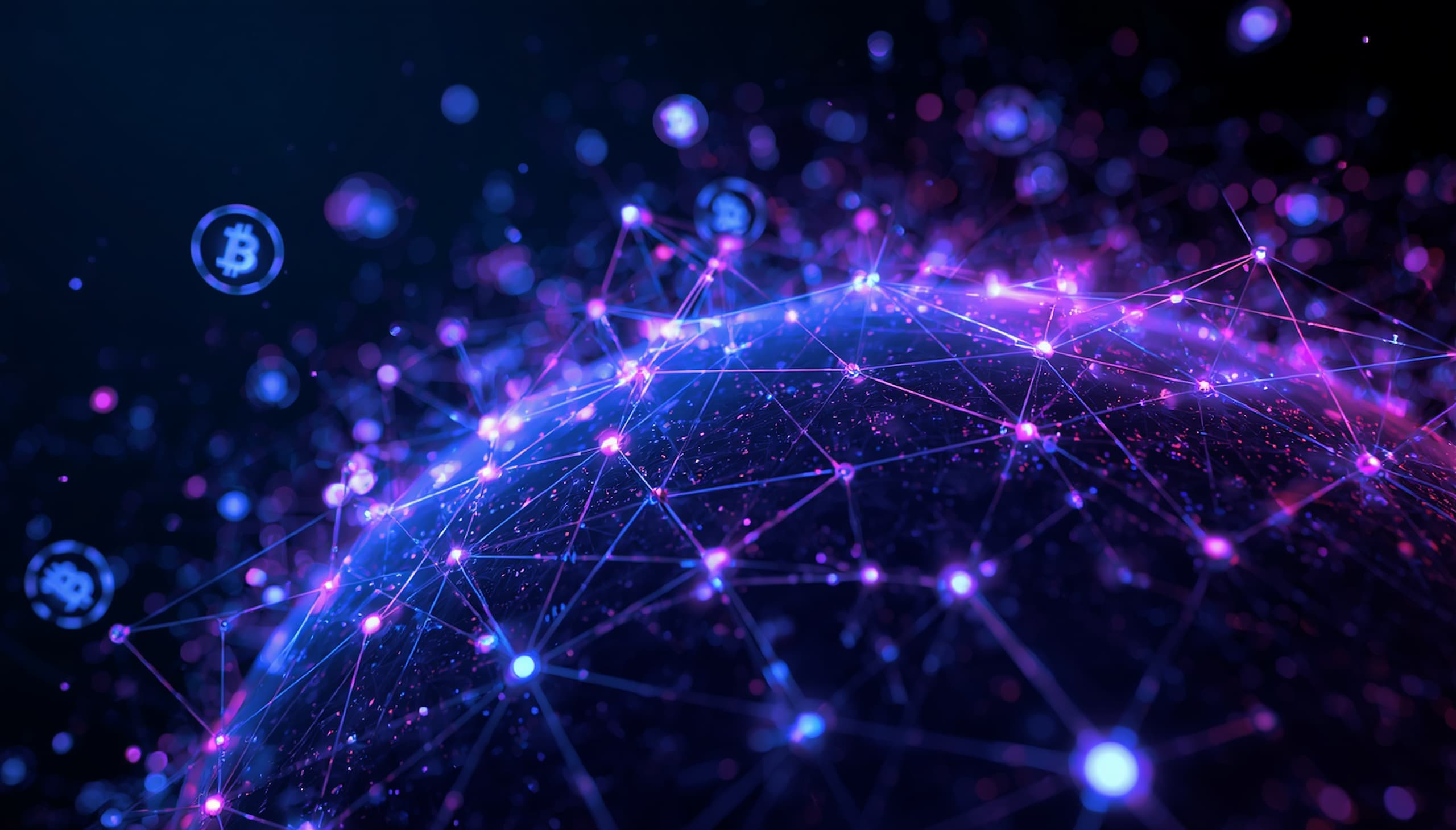 Web3 blockchain technology network showing decentralized nodes and crypto wallets glowing in blue digital landscape 2026