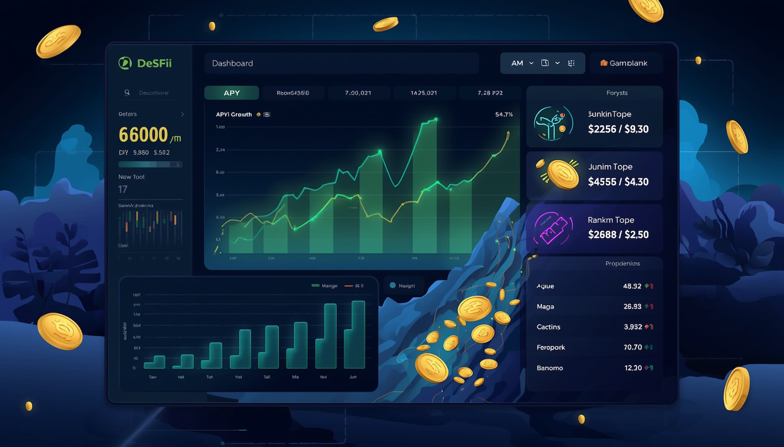 Yield farming crypto DeFi dashboard showing high APY returns on liquidity pools in 2026, digital finance landscape