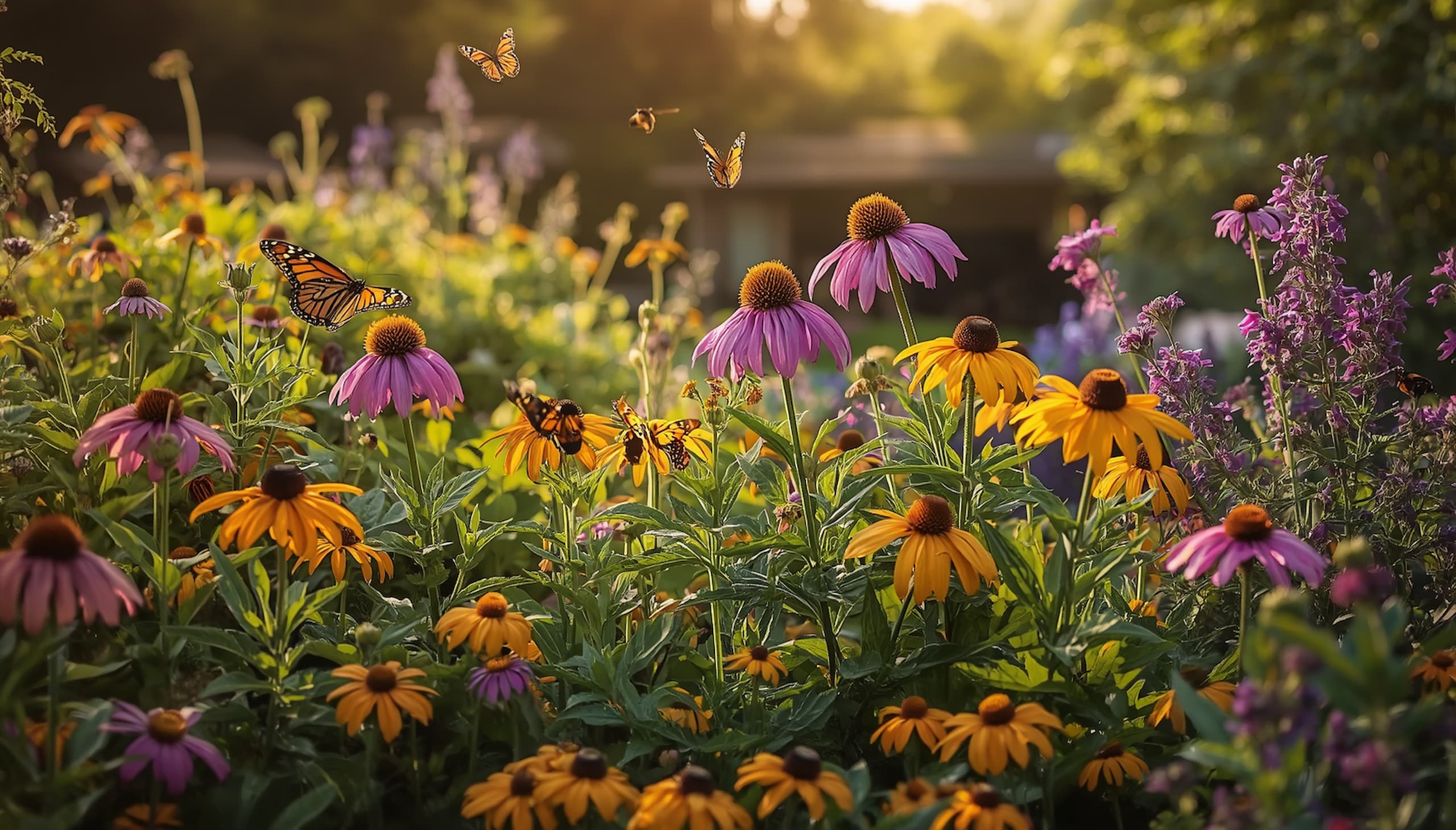 Colorful pollinator garden plants including coneflower milkweed and black-eyed Susan attracting monarch butterflies and bees in a sunny backyard 2026