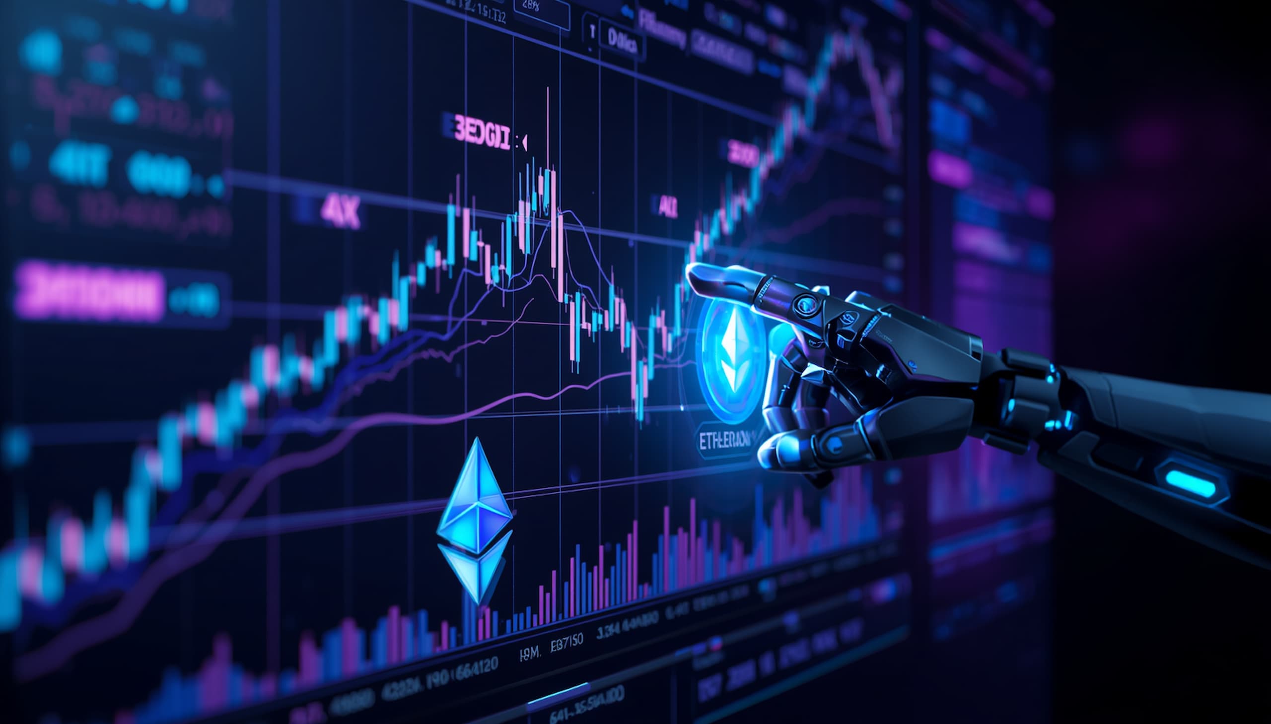 AI crypto trading dashboard showing algorithmic bots and real-time Bitcoin market data in 2026, landscape format