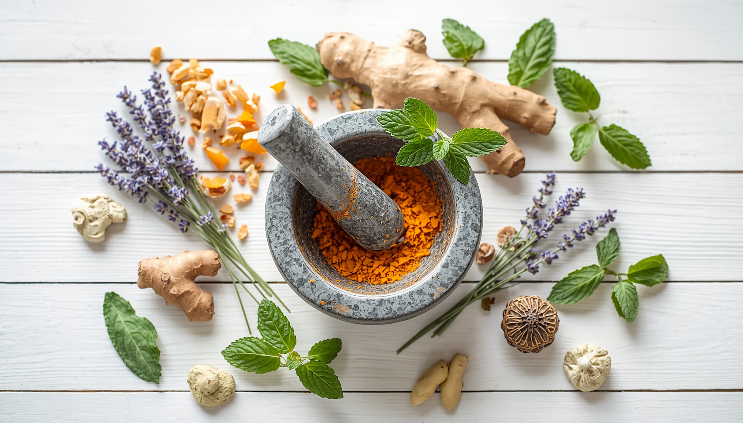 A vibrant flat-lay arrangement of medicinal herbs including turmeric, ginger, echinacea, and lavender with mortar and pestle on a white background
