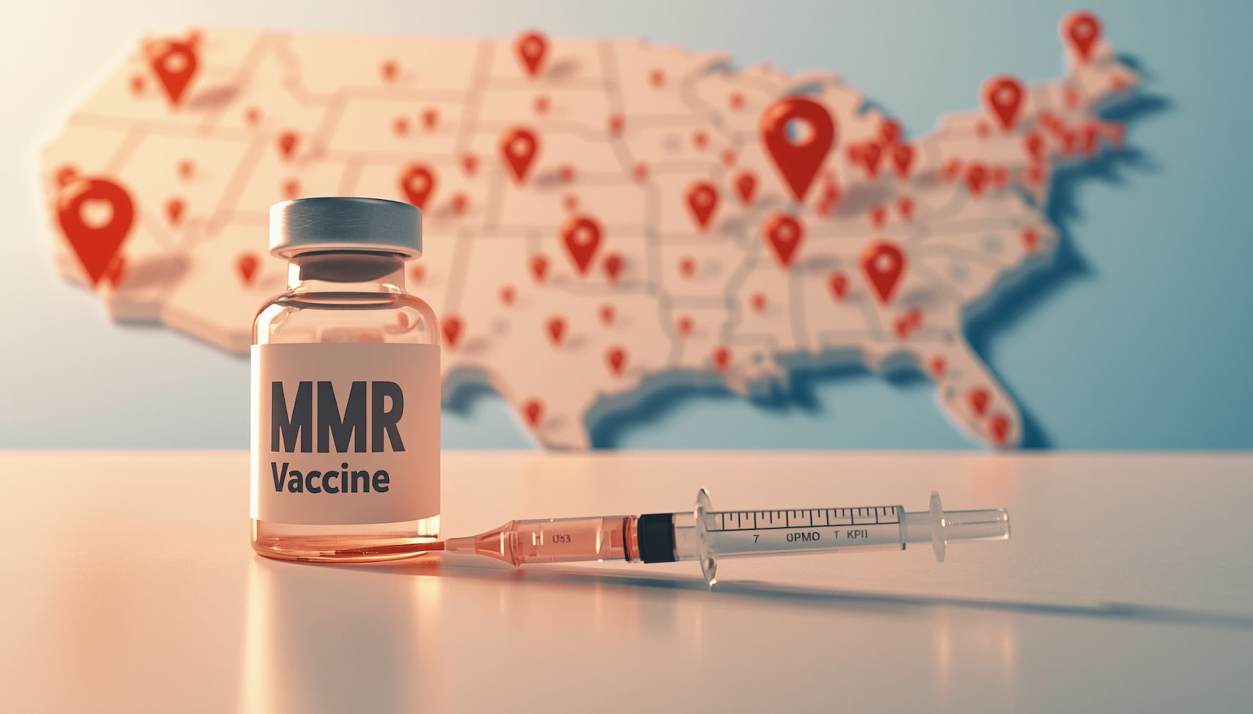 Doctor reviewing measles outbreak 2026 map showing US states with MMR vaccine and patient — health alert visual