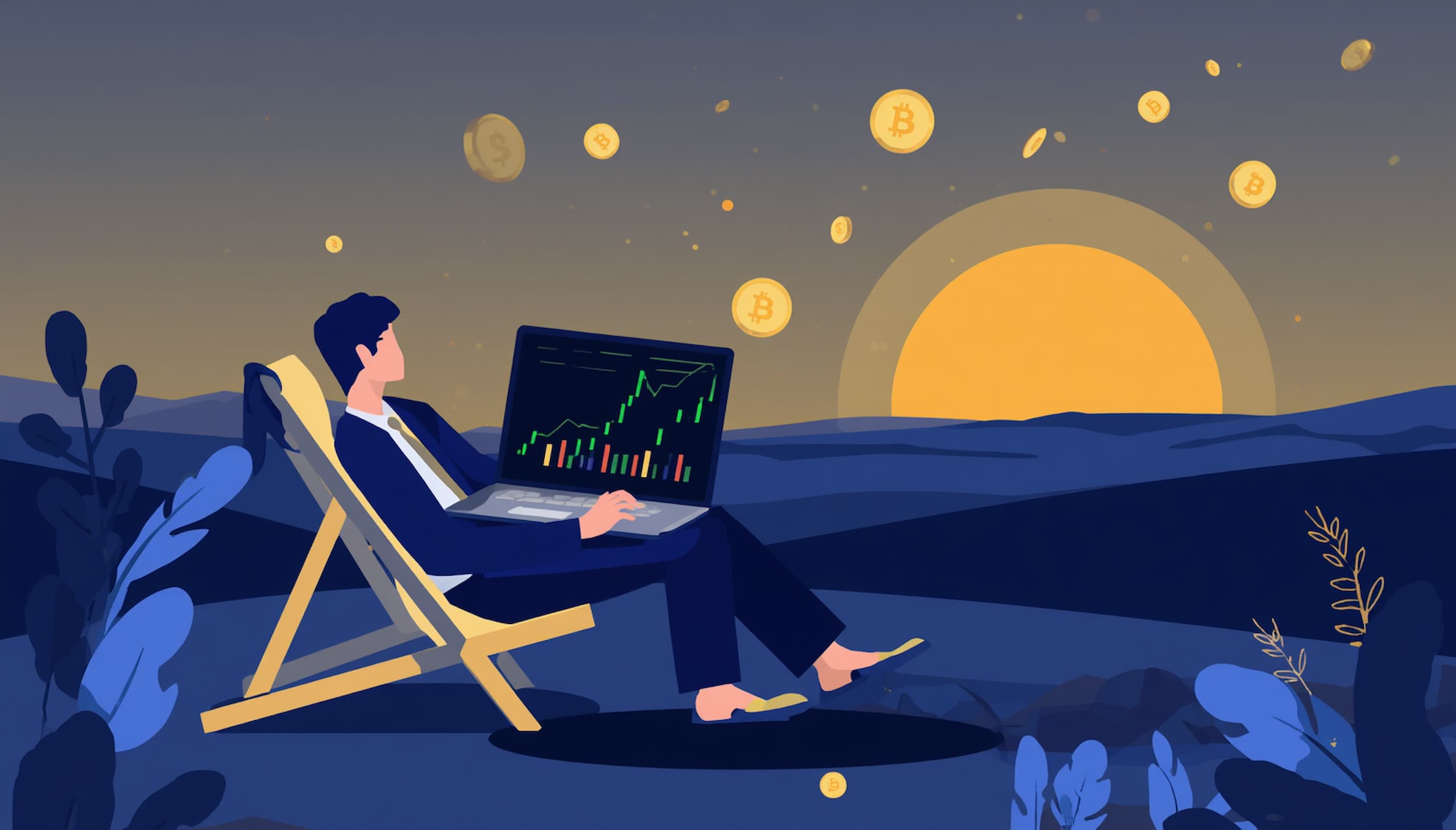 Person working on laptop with Bitcoin and crypto charts showing how to live off crypto investments in 2026