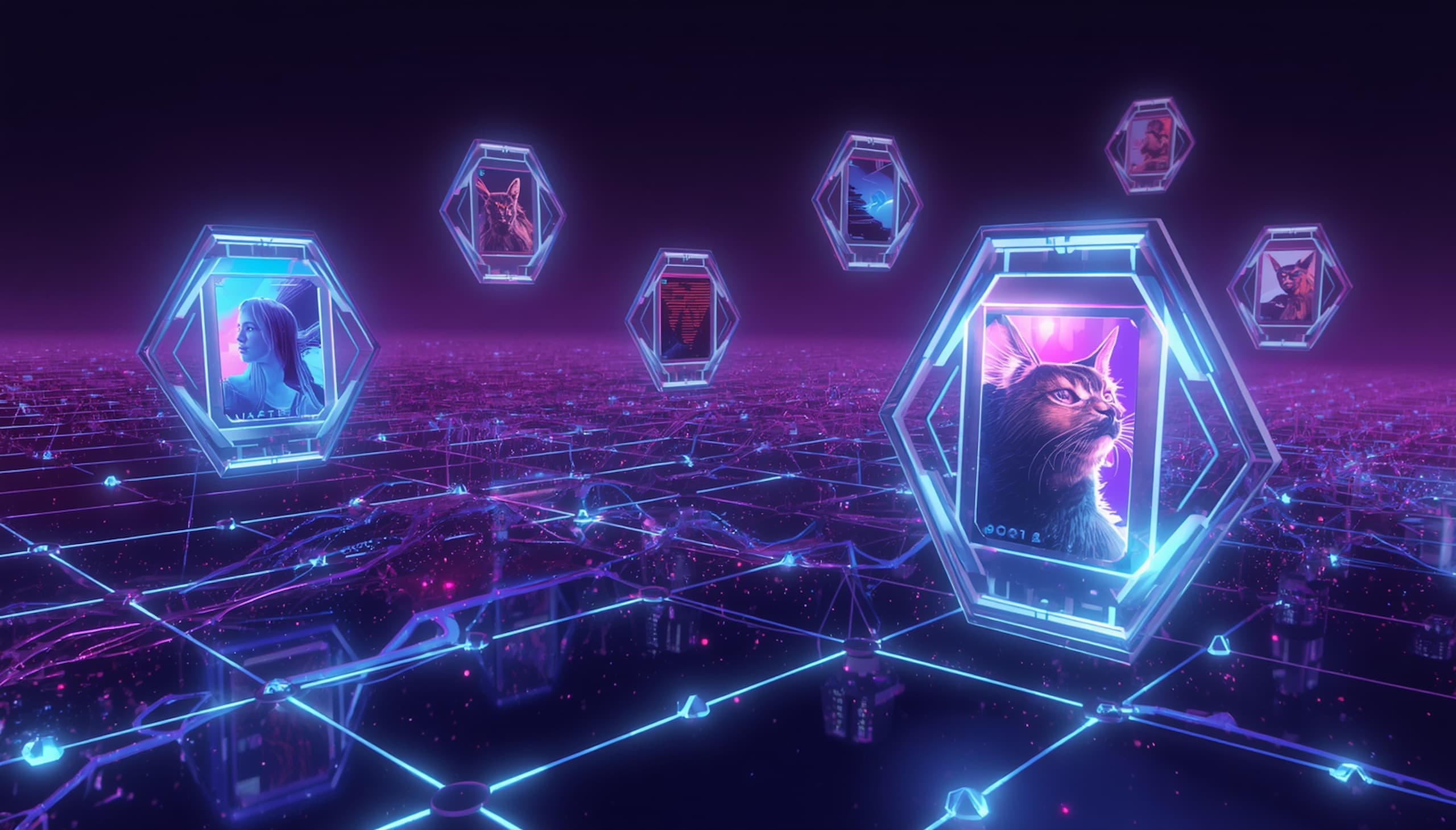 NFTs in 2026 shown as digital tokens glowing on a futuristic blockchain network landscape with purple and blue hues