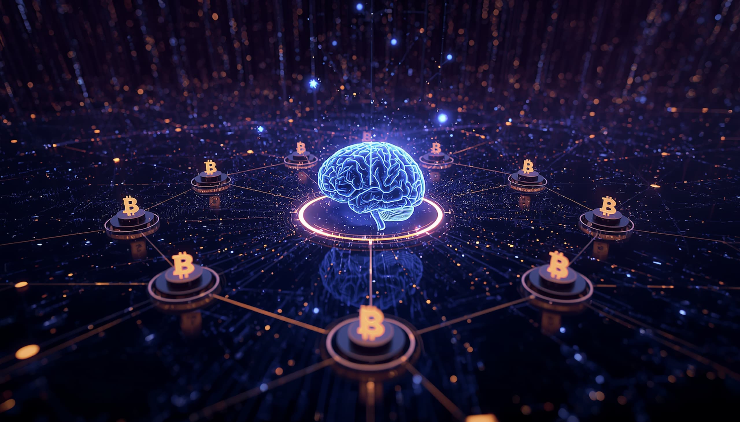 Top 10 AI-based cryptocurrencies with the most potential in 2026 — digital brain connected to blockchain nodes glowing in purple and gold