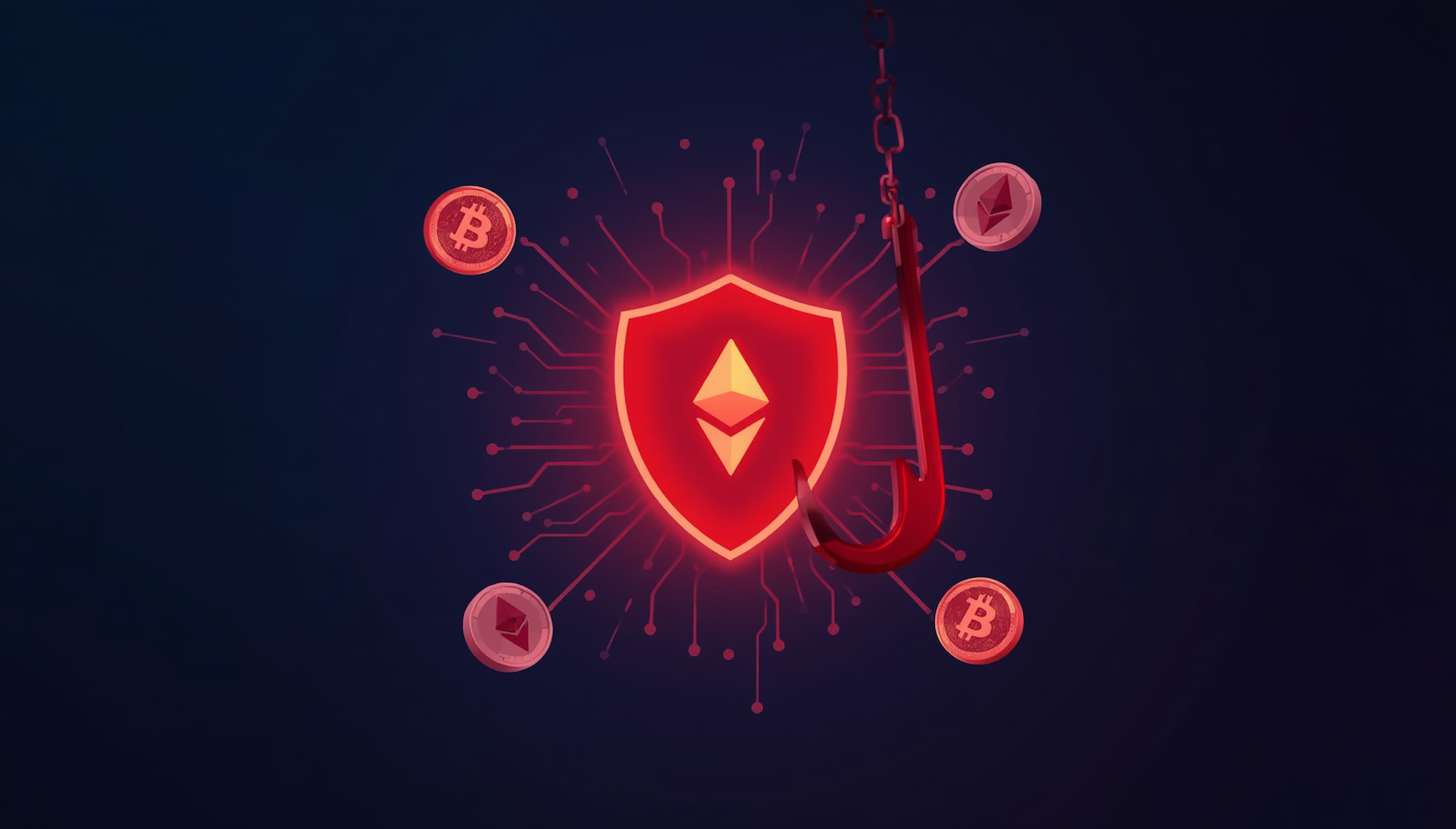 Warning sign overlay on cryptocurrency symbols illustrating the 10 most common crypto scams and how to avoid them in 2026