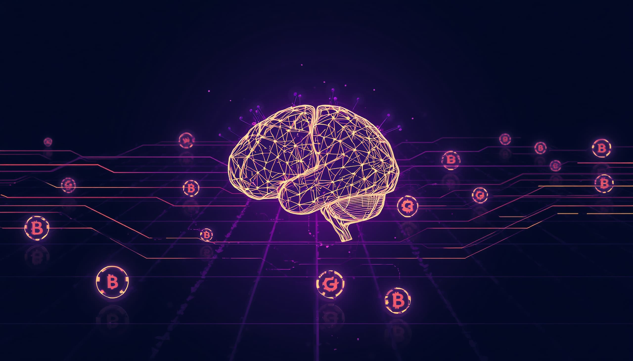 AI and crypto combined investment opportunity 2026 — digital neural network merging with blockchain grid in blue and gold tones