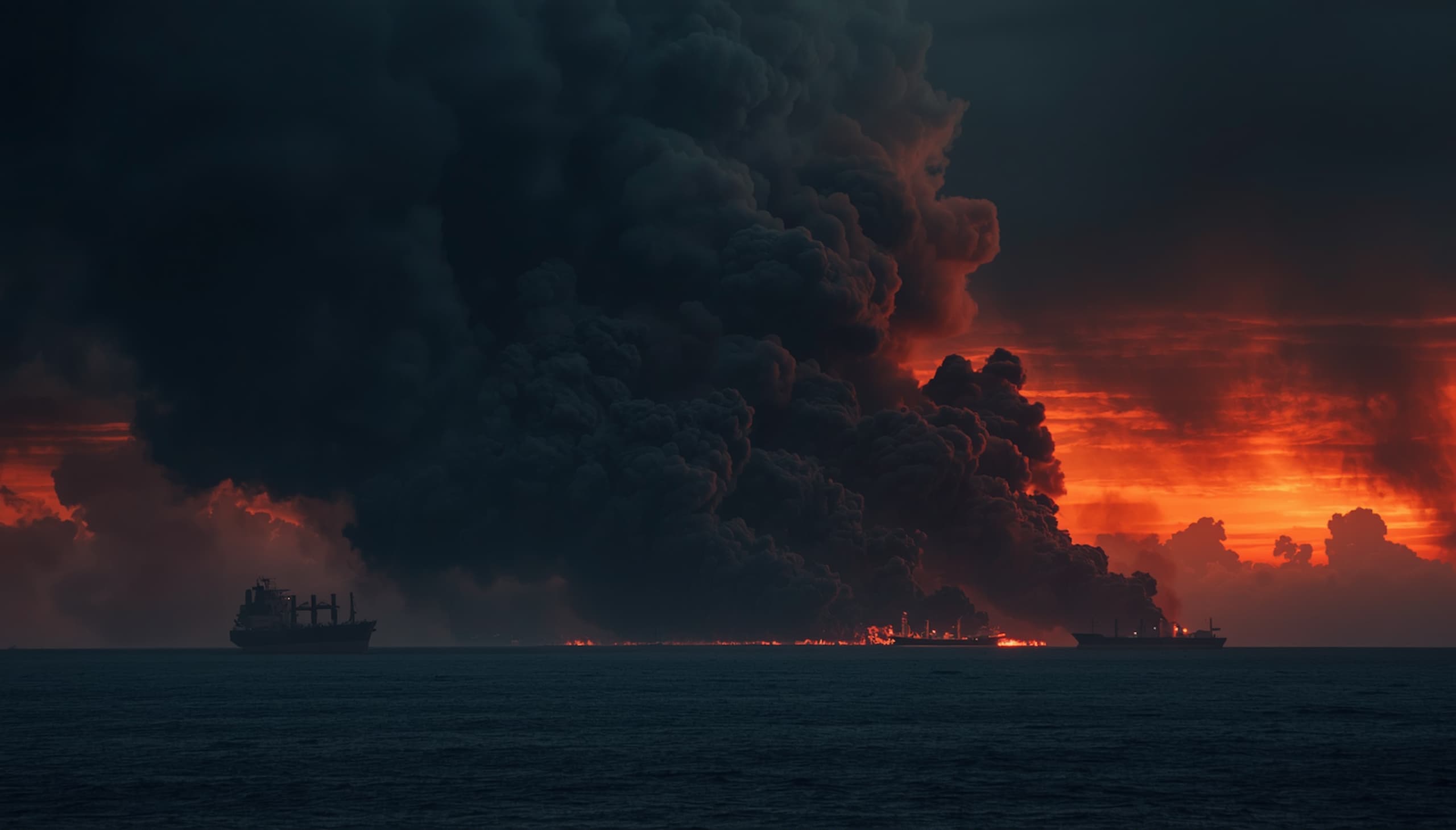 Iran war 2026 — smoke rises over the Strait of Hormuz following US-Israeli airstrikes on Iranian military and energy targets