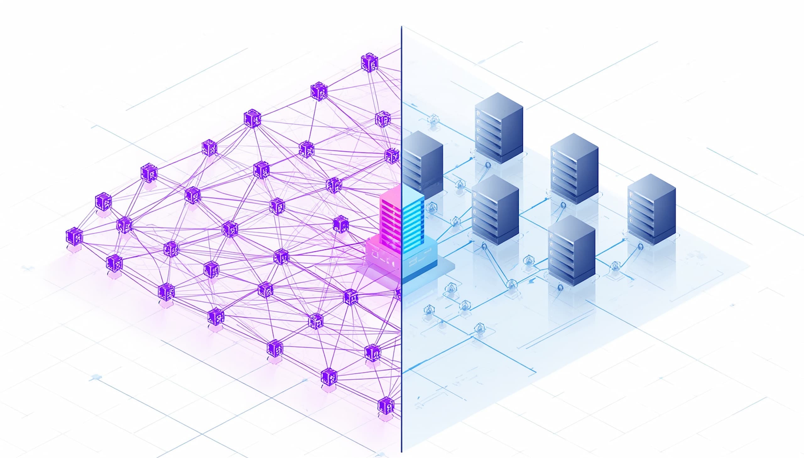 Web3 vs Web2 comparison showing decentralized blockchain network versus centralized server architecture in 2026, digital art