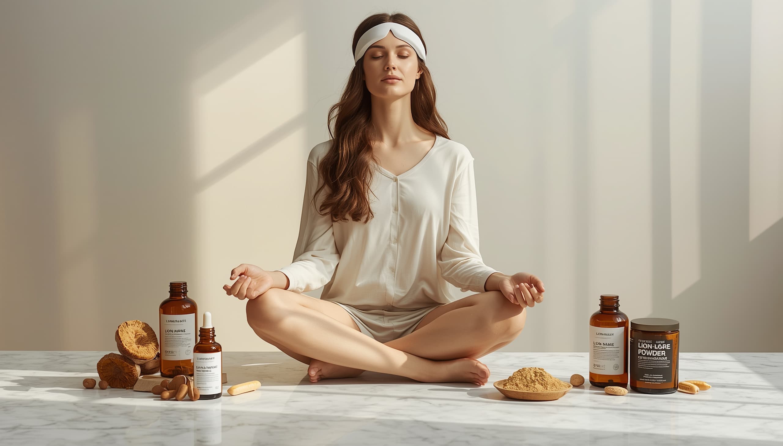 A woman meditating with nootropic supplements and a neurotracking wearable on a bright minimalist desk — brain wealth 2026